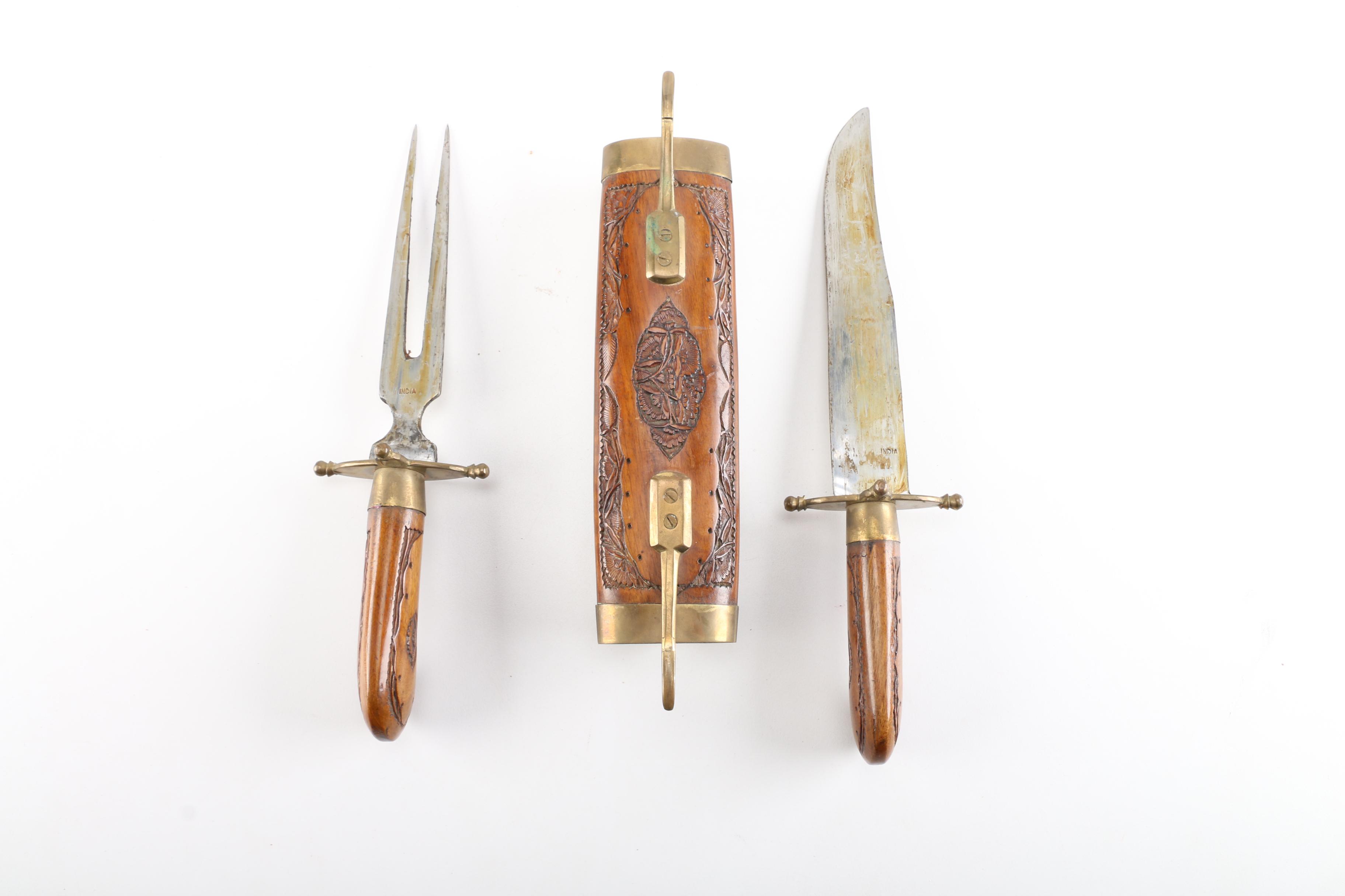 Ornate Indian Brass and Wood Carving Set With Scabbard