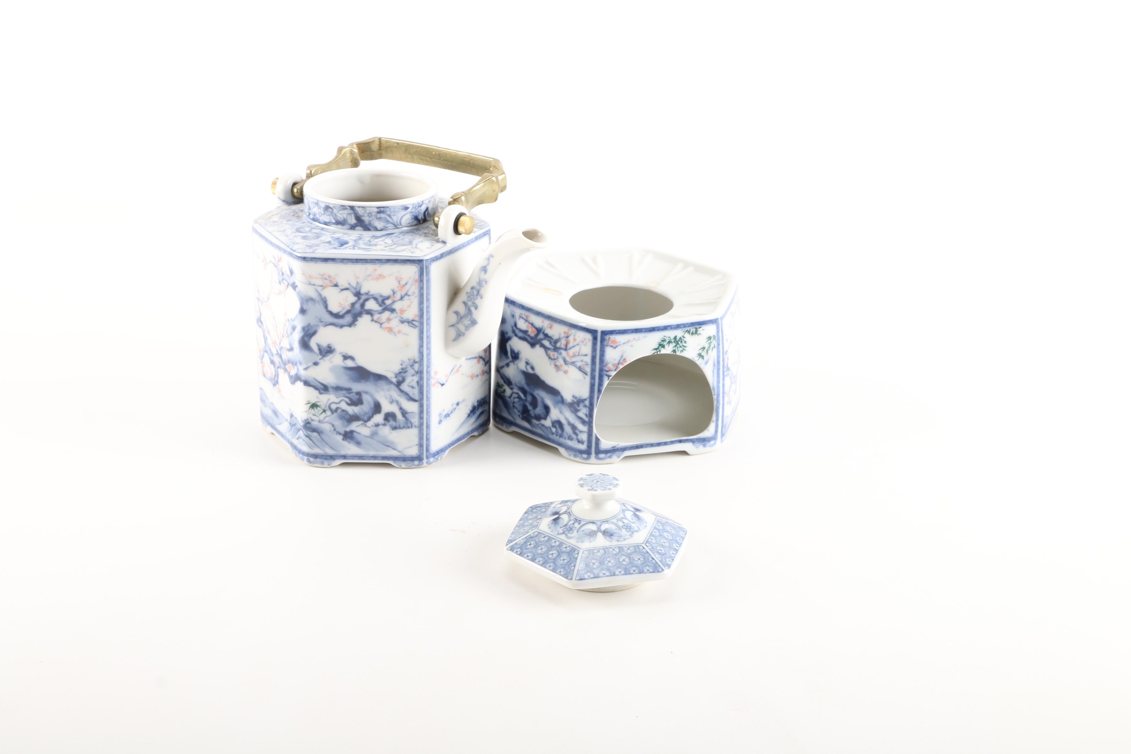 Japanese Blue and White Dolphin Porcelain Teapot with Warmer