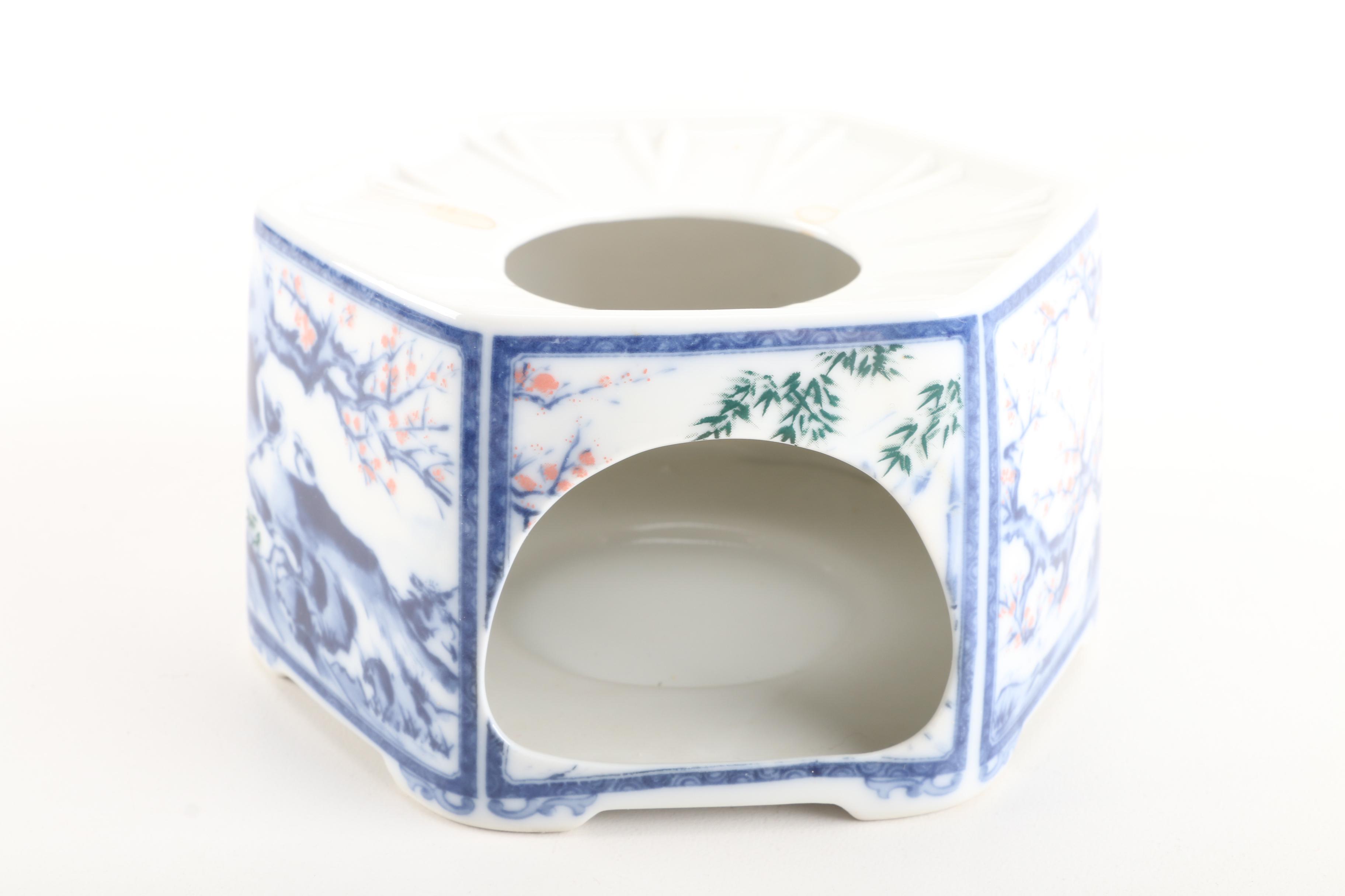 Japanese Blue and White Dolphin Porcelain Teapot with Warmer