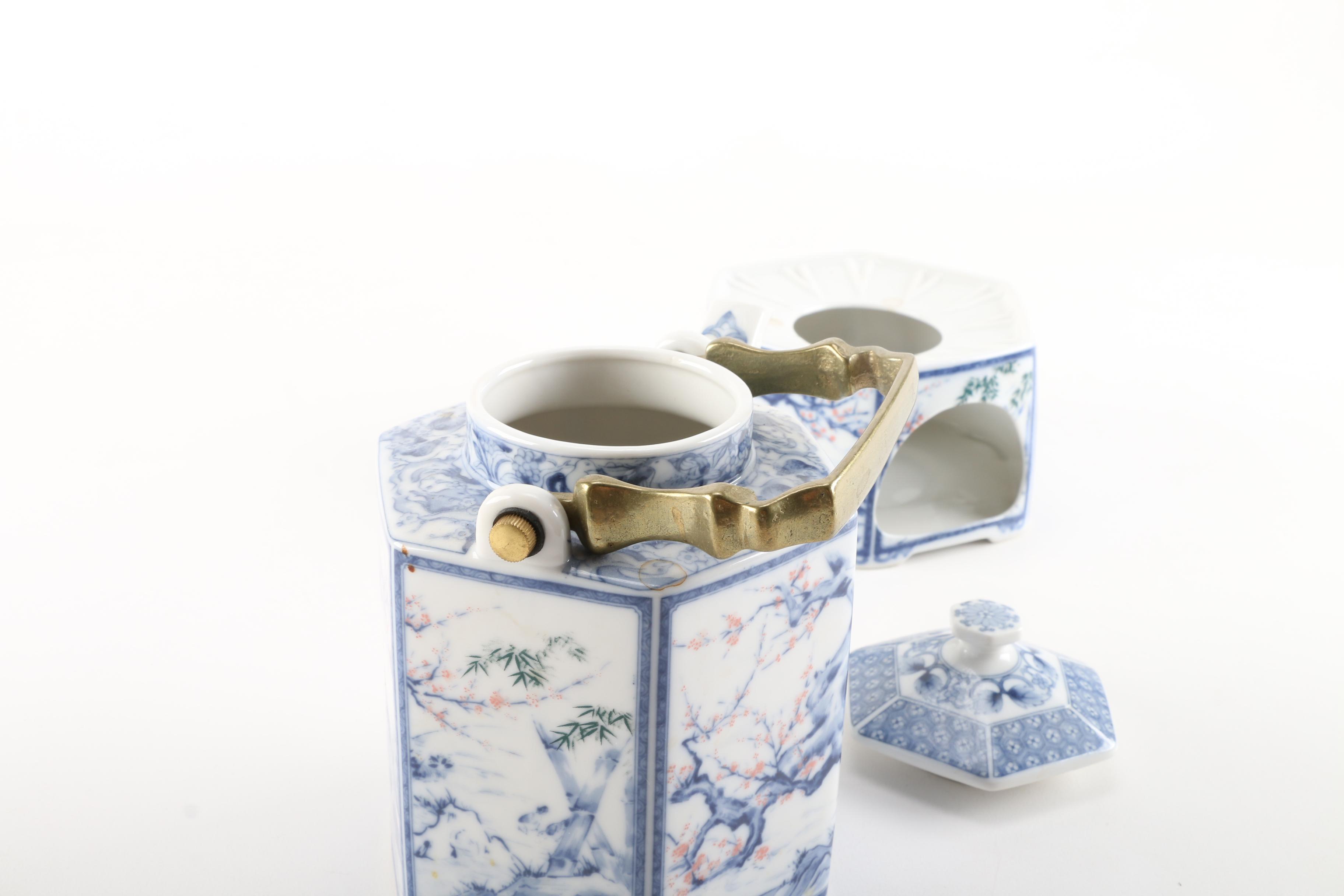 Japanese Blue and White Dolphin Porcelain Teapot with Warmer