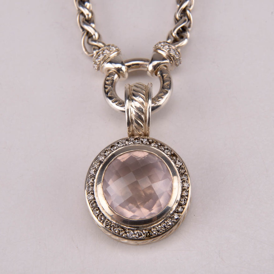 David Yurman Sterling Silver Chain Necklace With Rose Quartz and Diamond Pendant