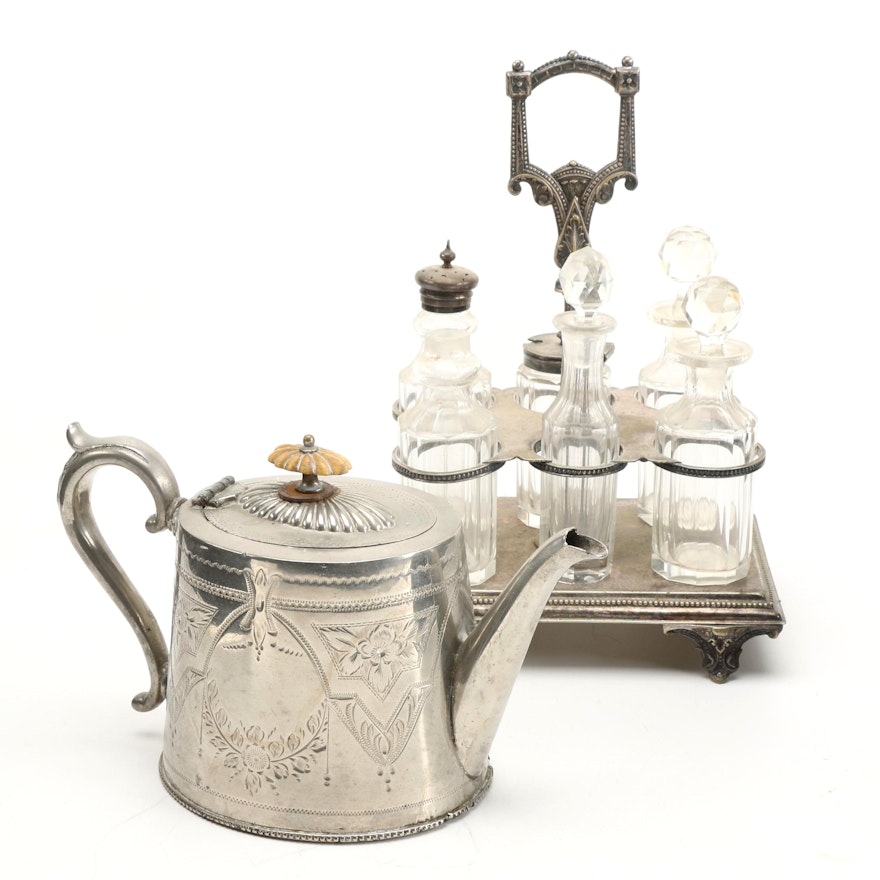 Victorian John Galimore Cruet Stand With Additional Silver Plate and Glass