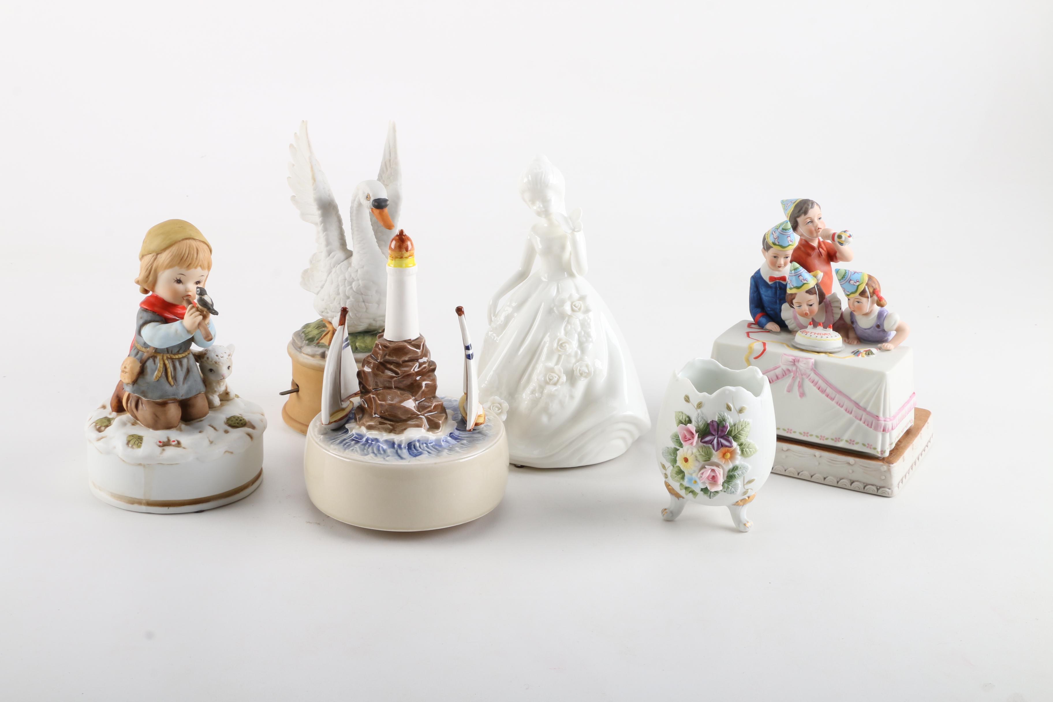 Collection of Ceramic Music Boxes Featuring Norman Rockwell "Birthday Party"