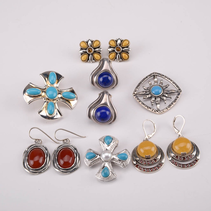 Collection of Sterling Silver Earrings and Pendants With Garnet, Turquoise, and Carnelian