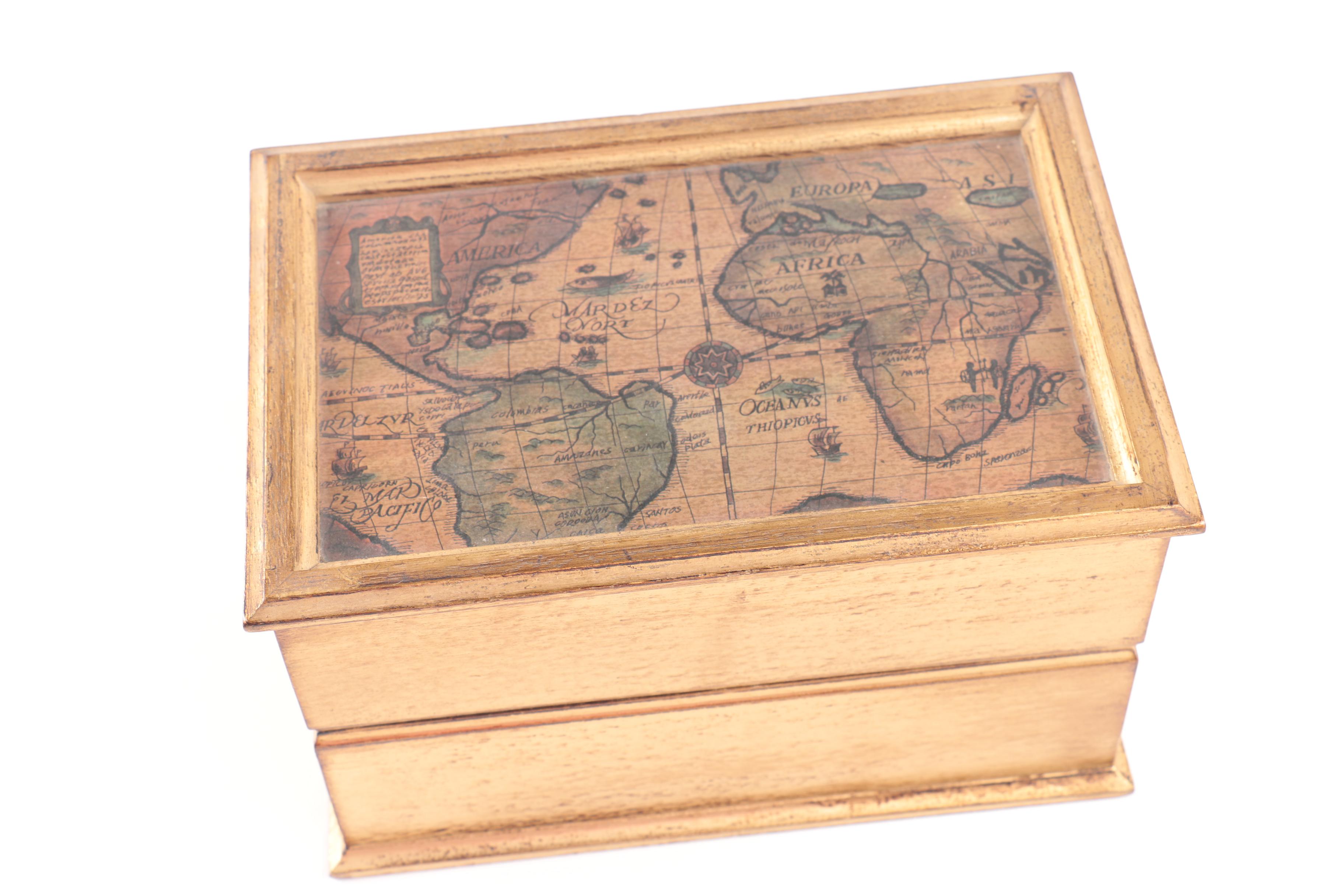 Amber Glass Decanter Set in Wooden Atlas Storage Box