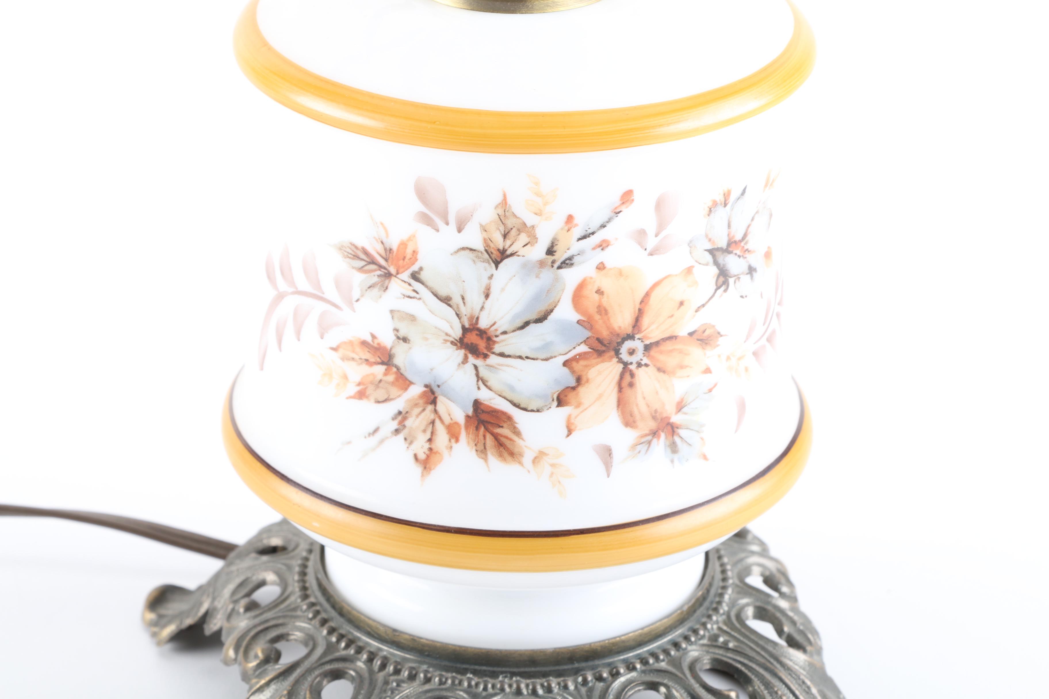 White Milk Glass Floral Print Lamp