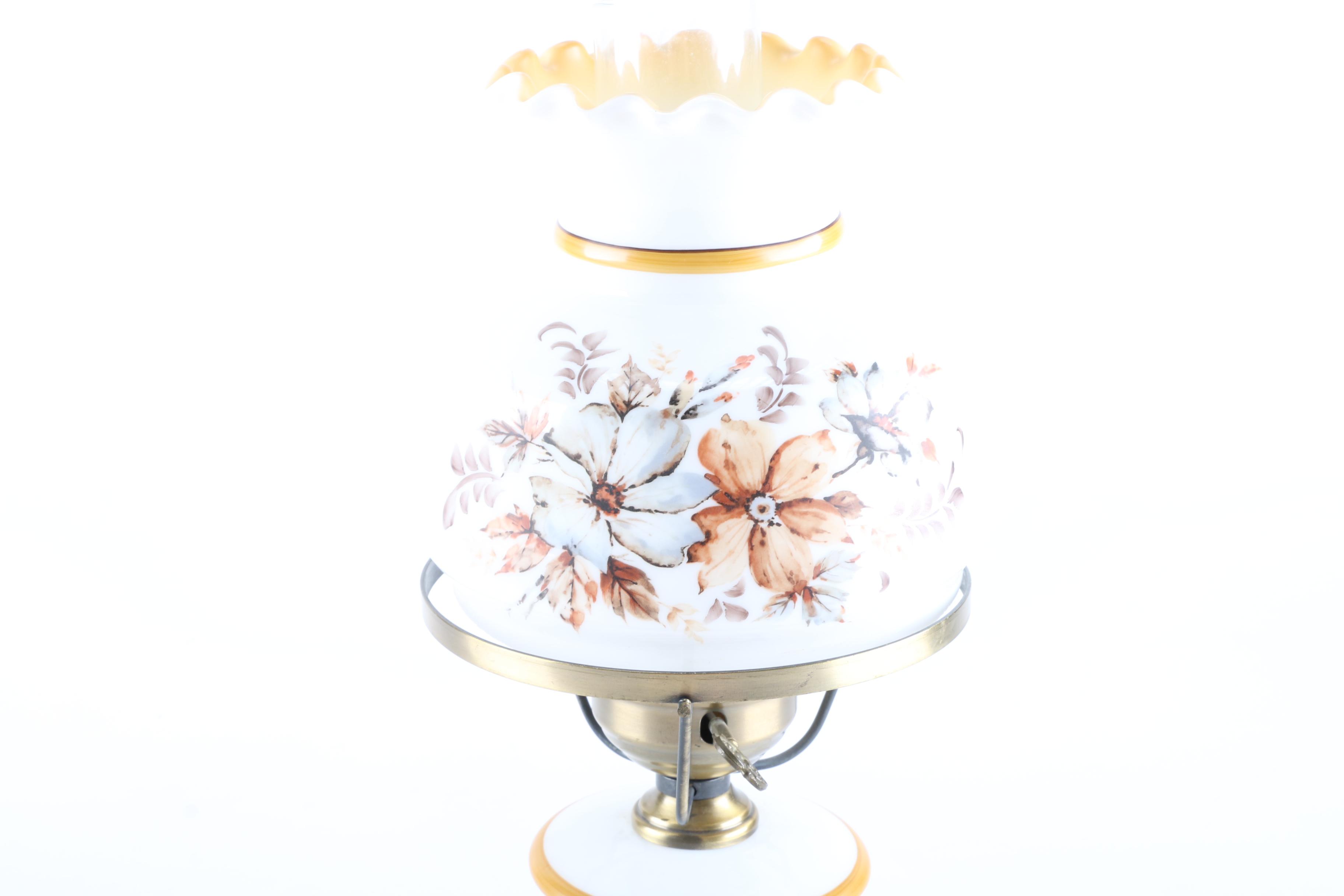 White Milk Glass Floral Print Lamp