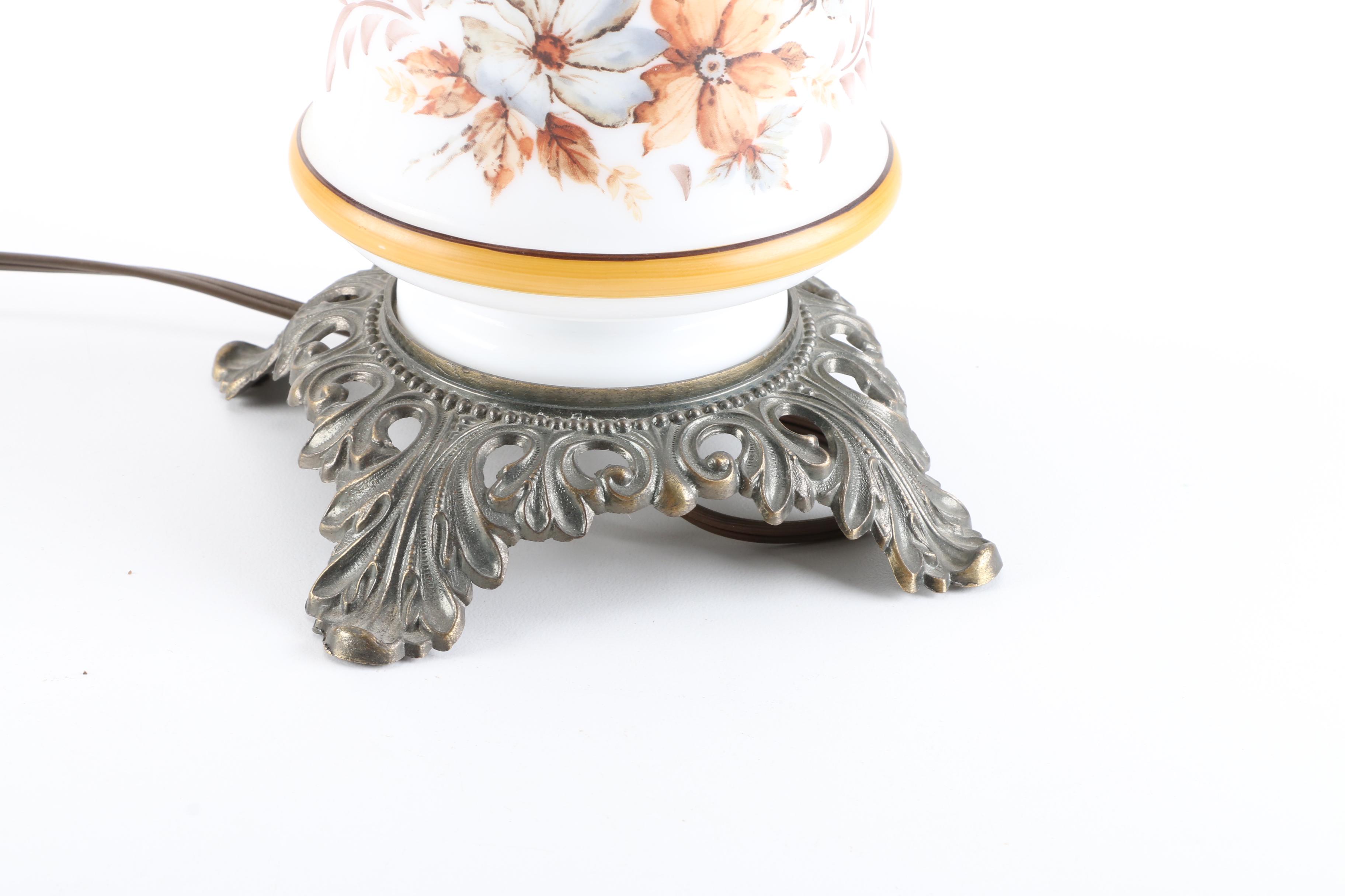White Milk Glass Floral Print Lamp