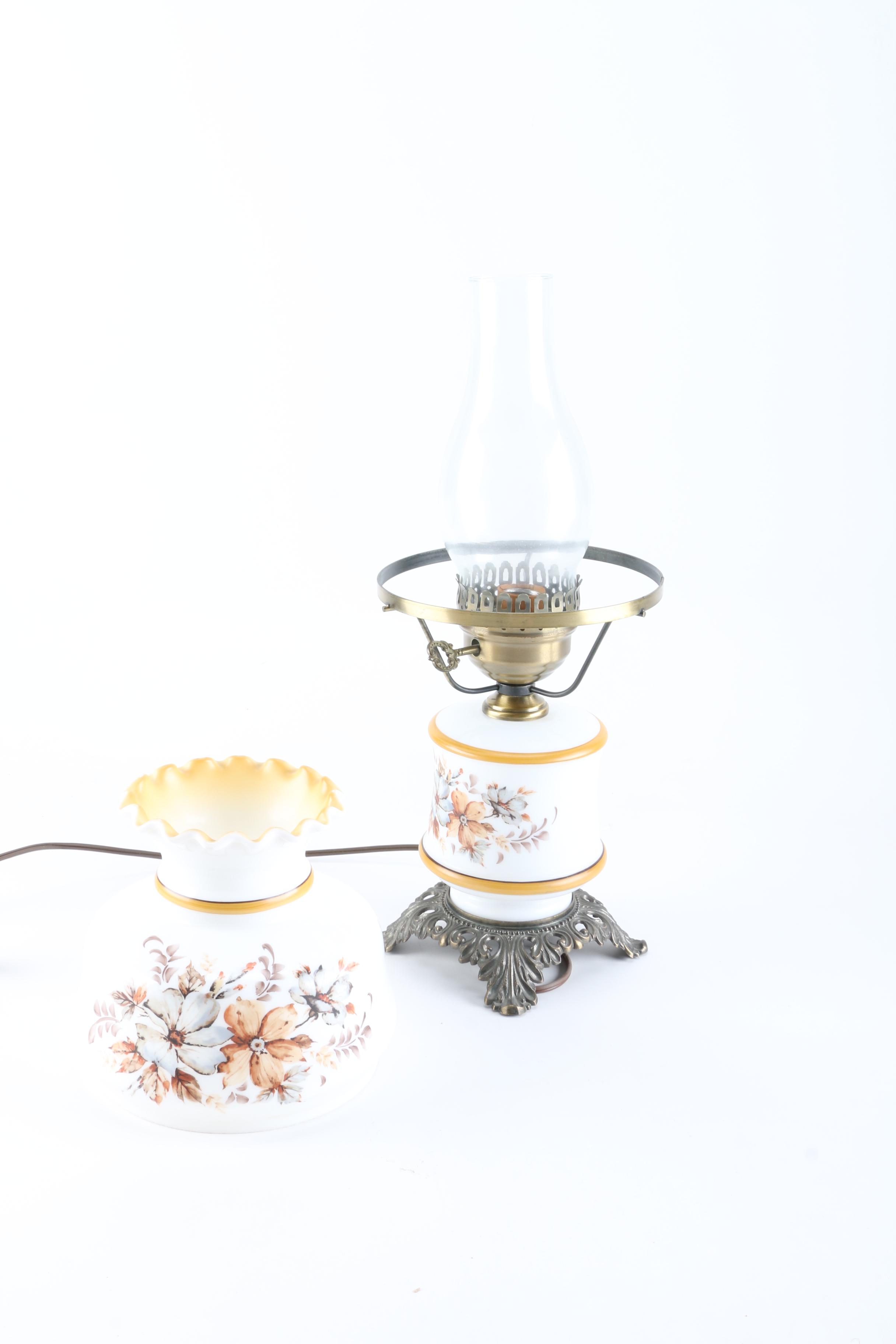 White Milk Glass Floral Print Lamp