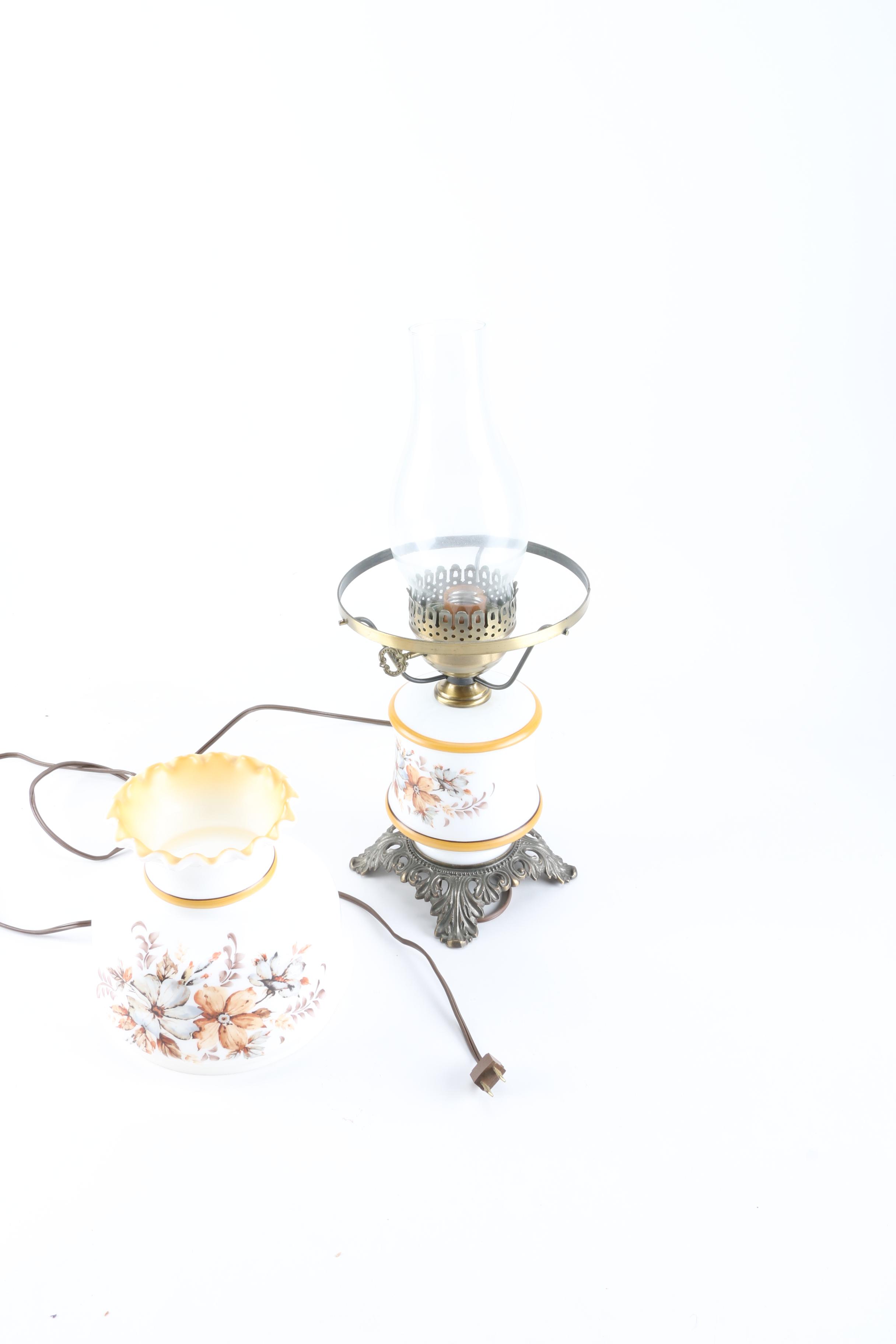 White Milk Glass Floral Print Lamp