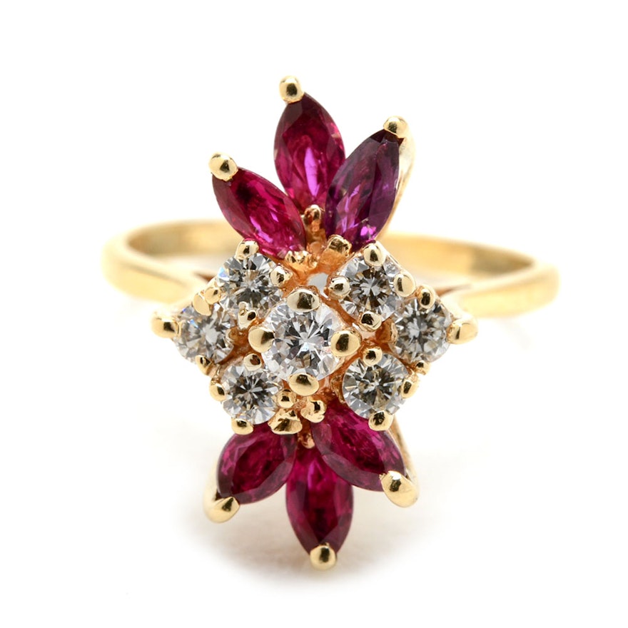 14K Yellow Gold Diamond Ruby Cluster Ring