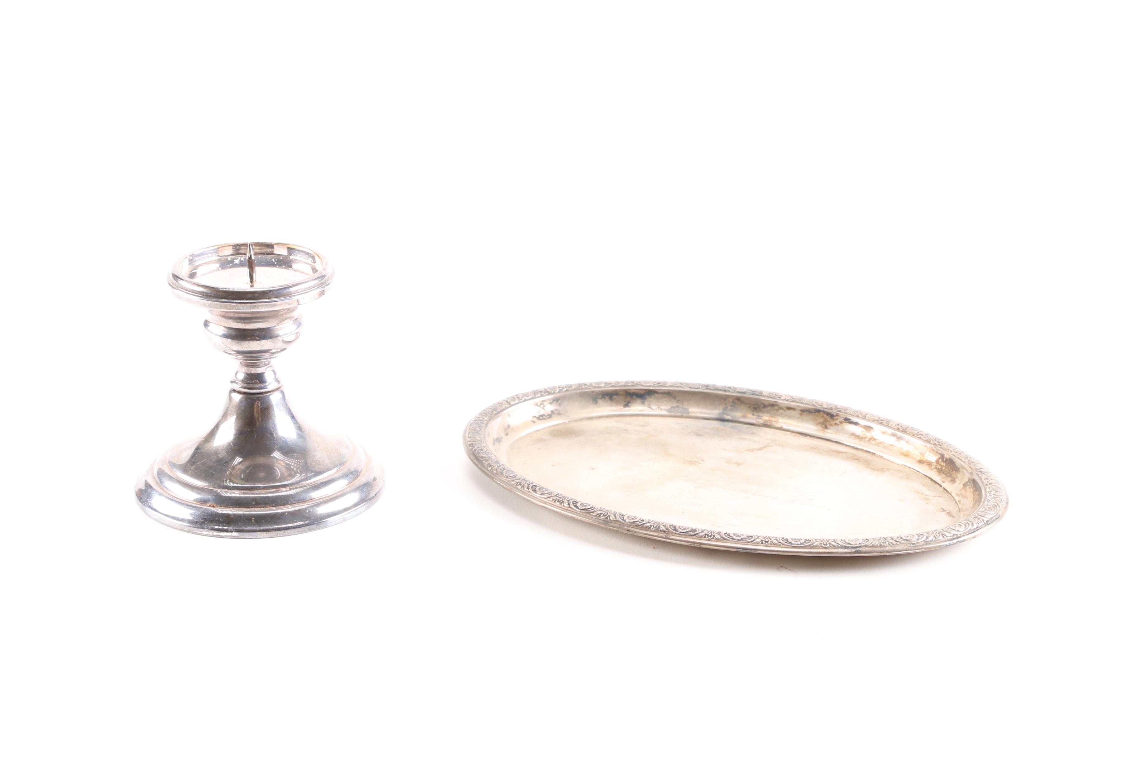 International Silver Co. "Prelude" Sterling Silver Tray and Gorham Silver Plate Candleholder