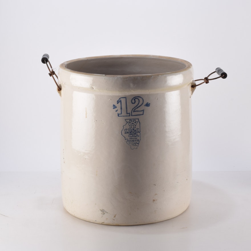 Antique 12-Gallon White Hall of Illinois Earthenware Crock