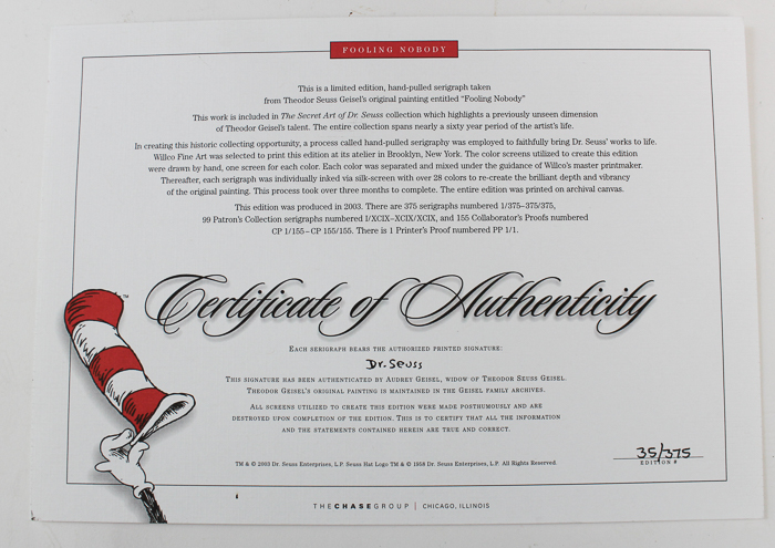 Dr. Seuss's Limited Edition "Fooling Nobody" Hand-Pulled Serigraph