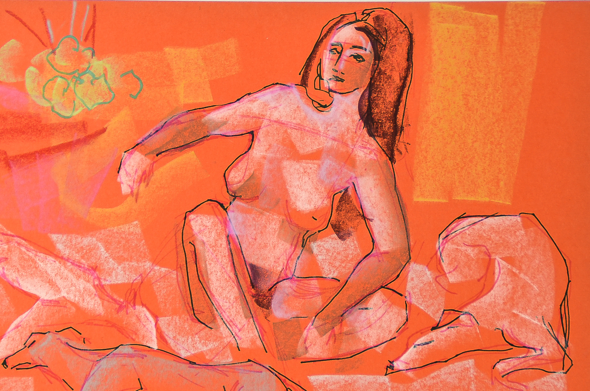 Virginia Sevier Rogers Ink and Chalk Drawing on Paper "Woman with Greyhounds"