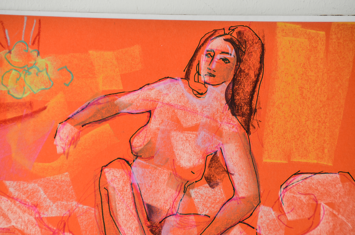 Virginia Sevier Rogers Ink and Chalk Drawing on Paper "Woman with Greyhounds"