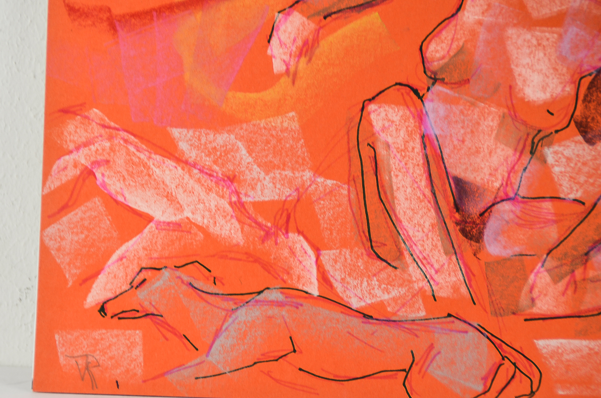 Virginia Sevier Rogers Ink and Chalk Drawing on Paper "Woman with Greyhounds"