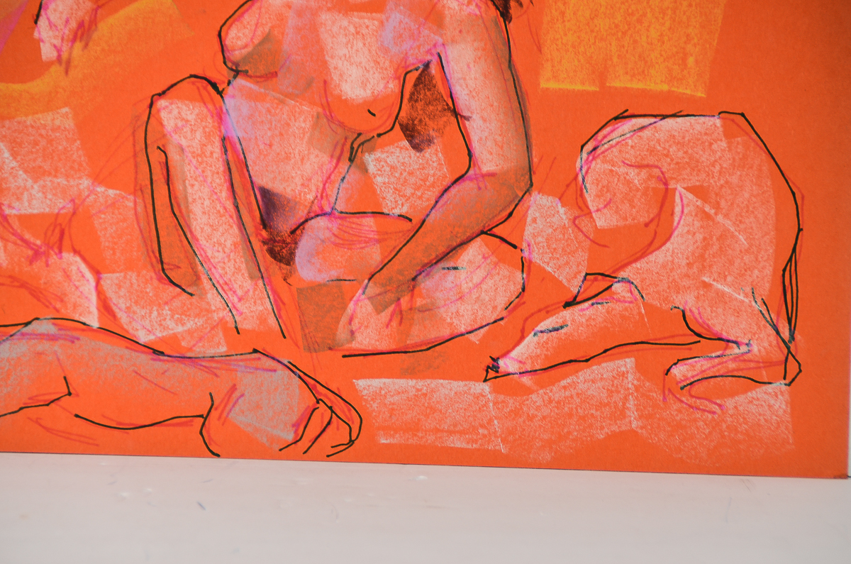 Virginia Sevier Rogers Ink and Chalk Drawing on Paper "Woman with Greyhounds"