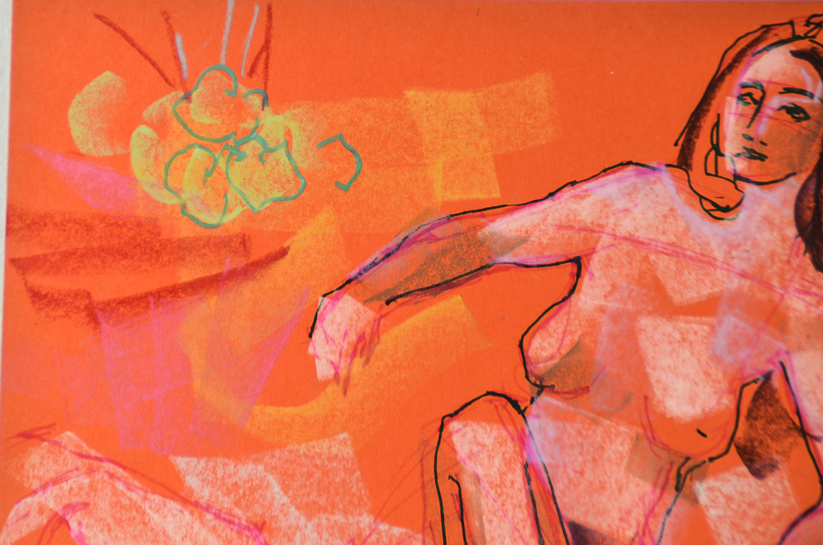 Virginia Sevier Rogers Ink and Chalk Drawing on Paper "Woman with Greyhounds"