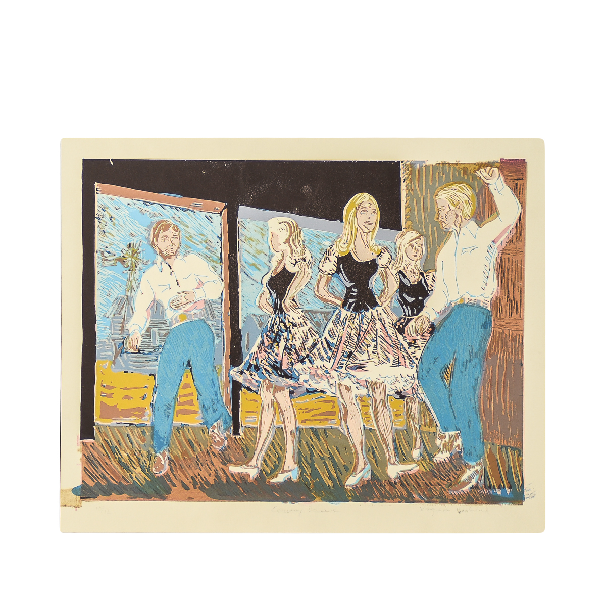 Virginia Hughins Relief Print on Paper "Country Dance"