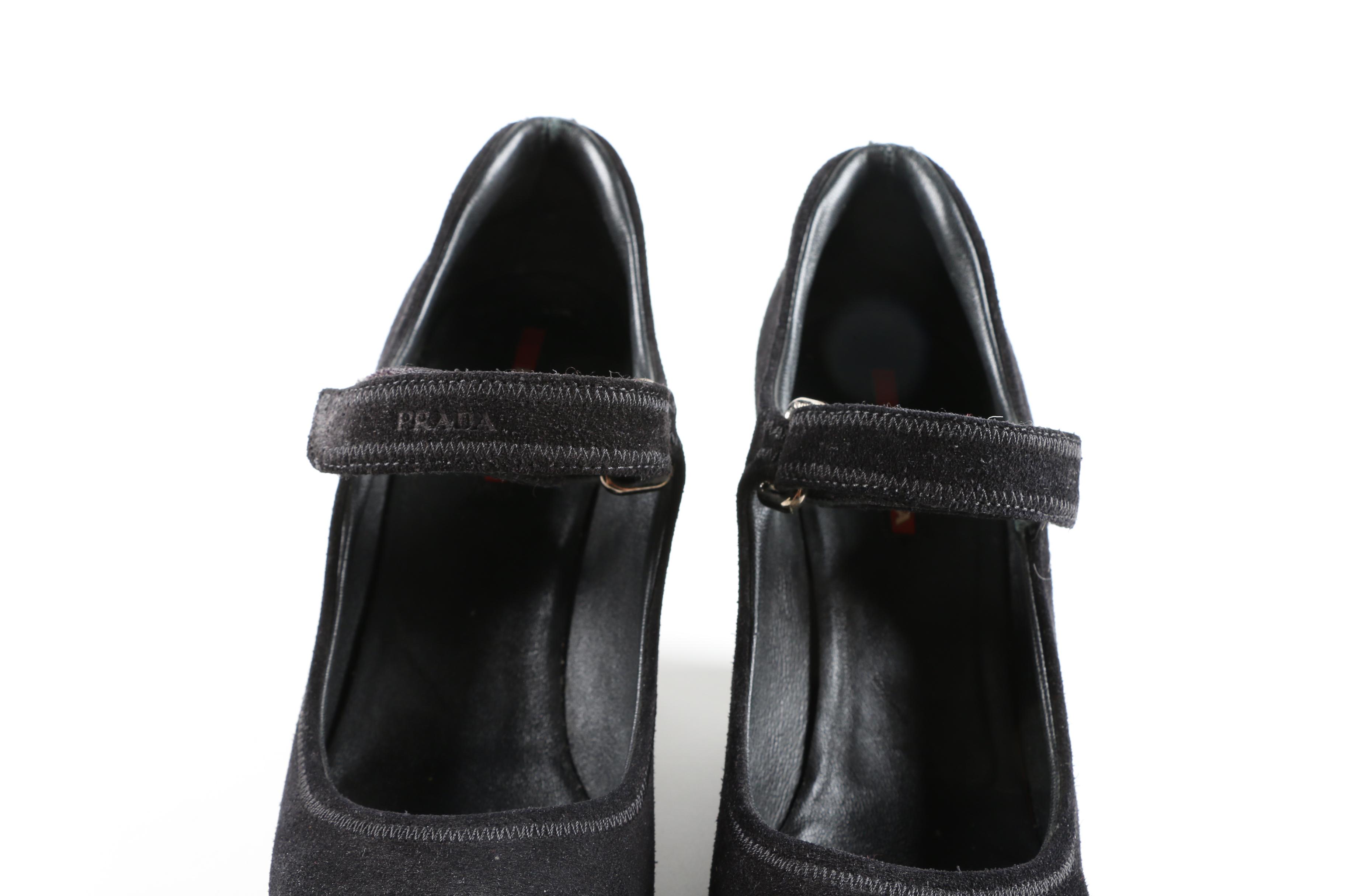 Prada Black Suede Mary Jane Wedges