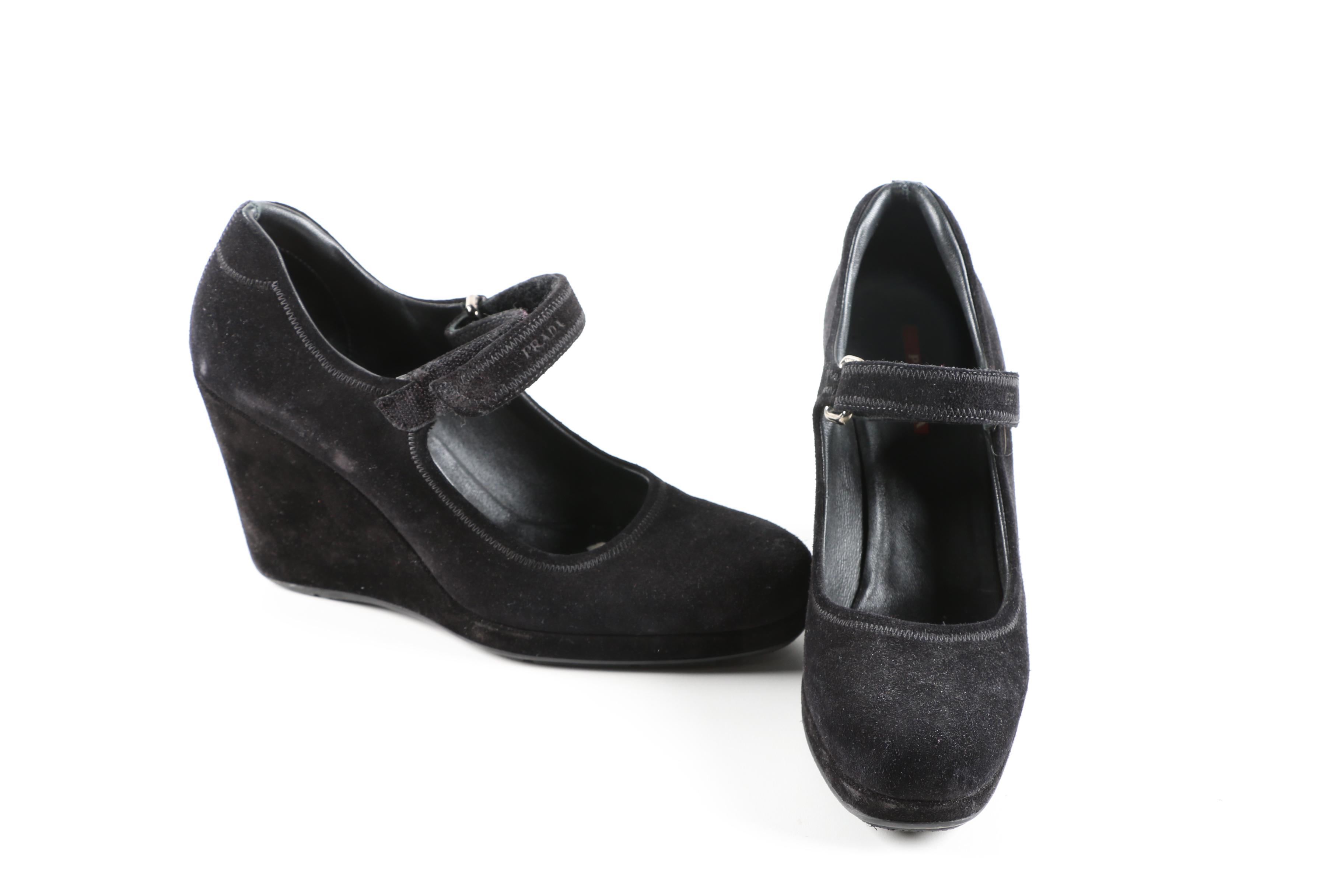 Prada Black Suede Mary Jane Wedges