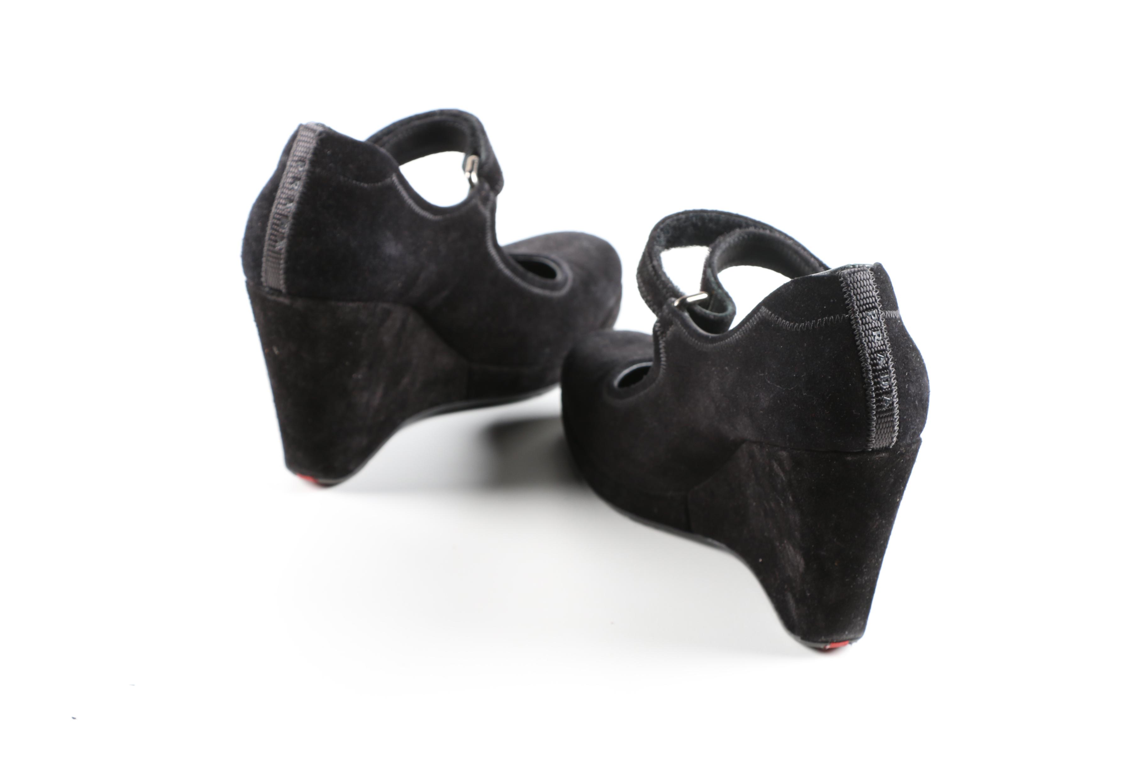 Prada Black Suede Mary Jane Wedges