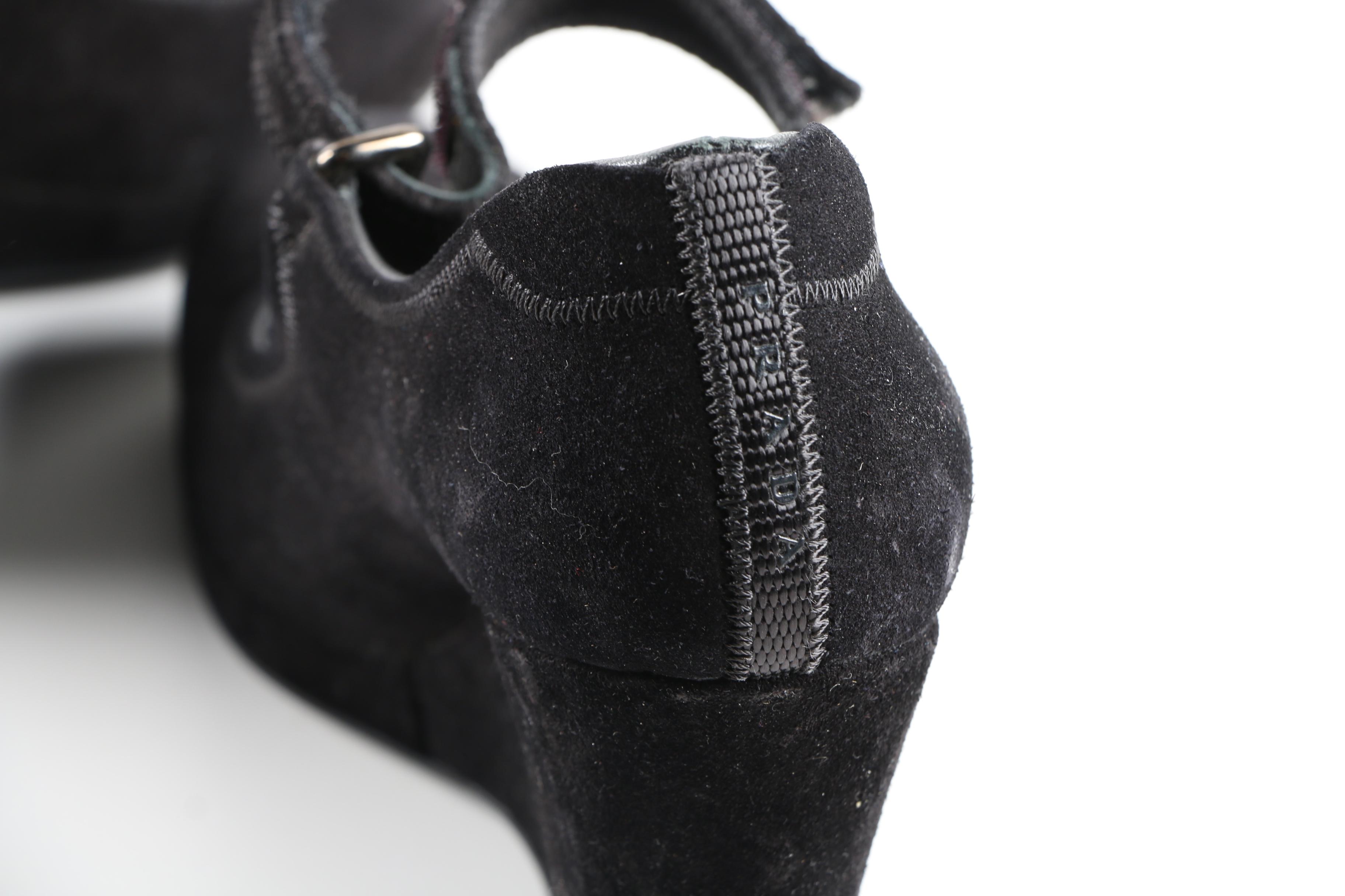 Prada Black Suede Mary Jane Wedges