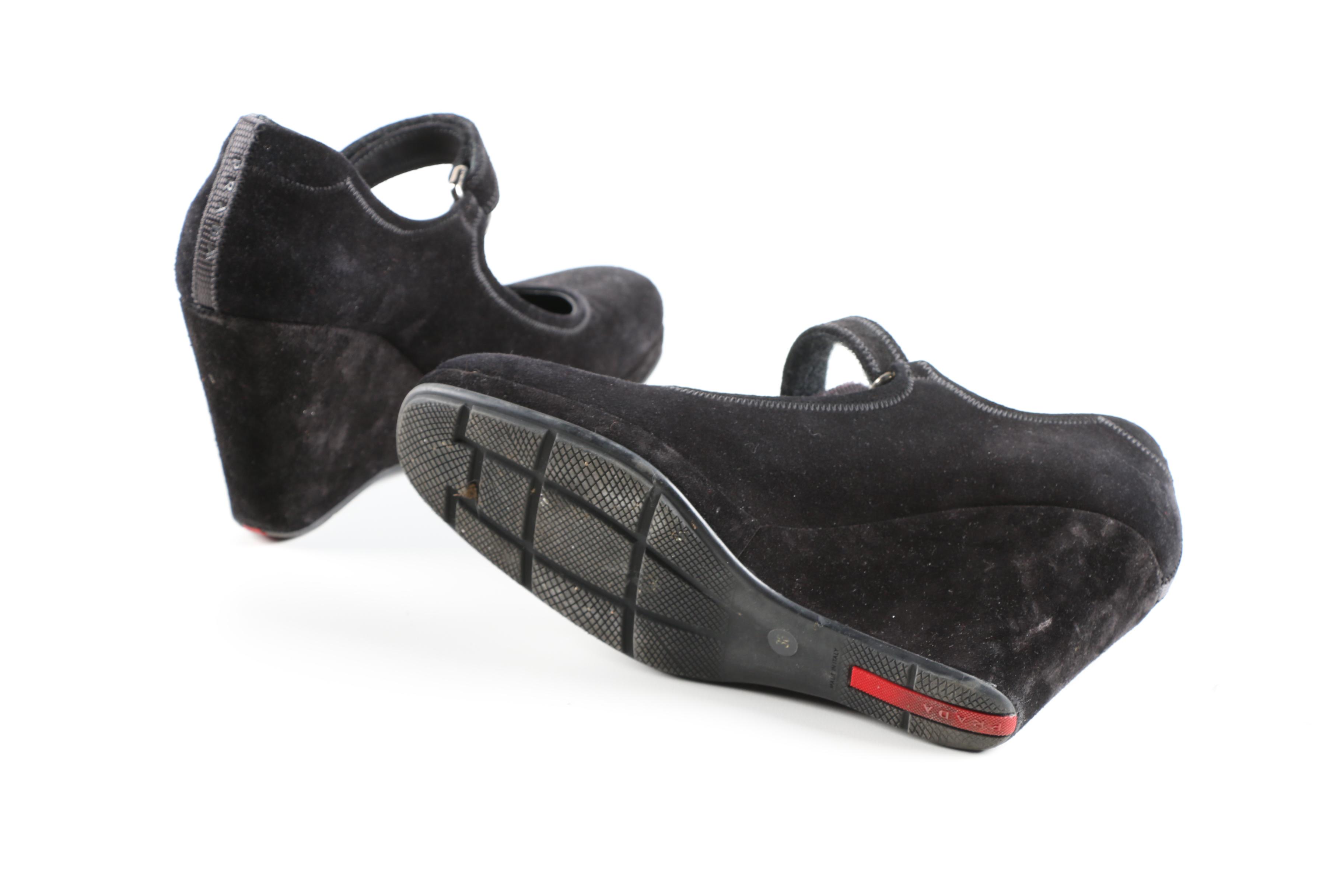 Prada Black Suede Mary Jane Wedges