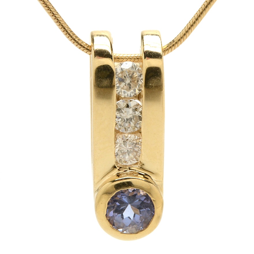 14K Yellow Gold Tanzanite Diamond Pendant Necklace