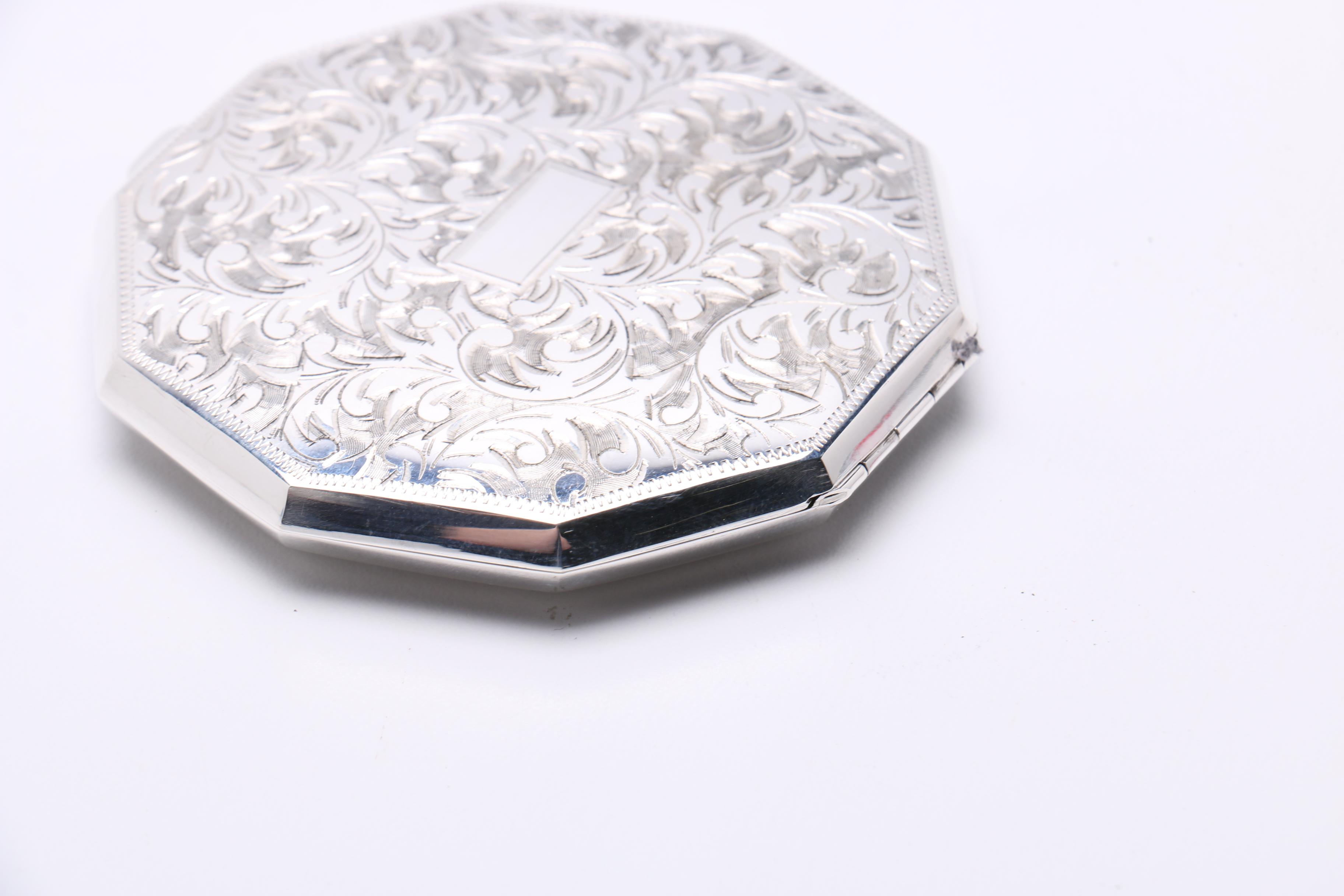 Sterling Silver Compact With Floral Ornamentation