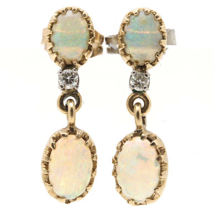 14K Yellow Gold Opal and Diamond Earrings