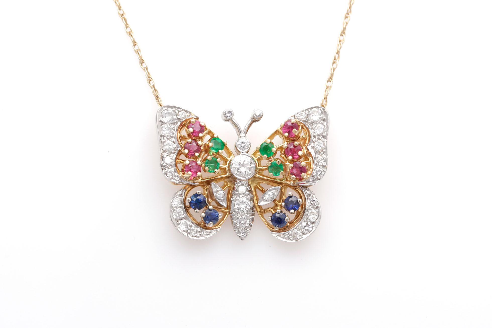 14K Yellow Gold Diamond and Gemstone Butterfly Necklace