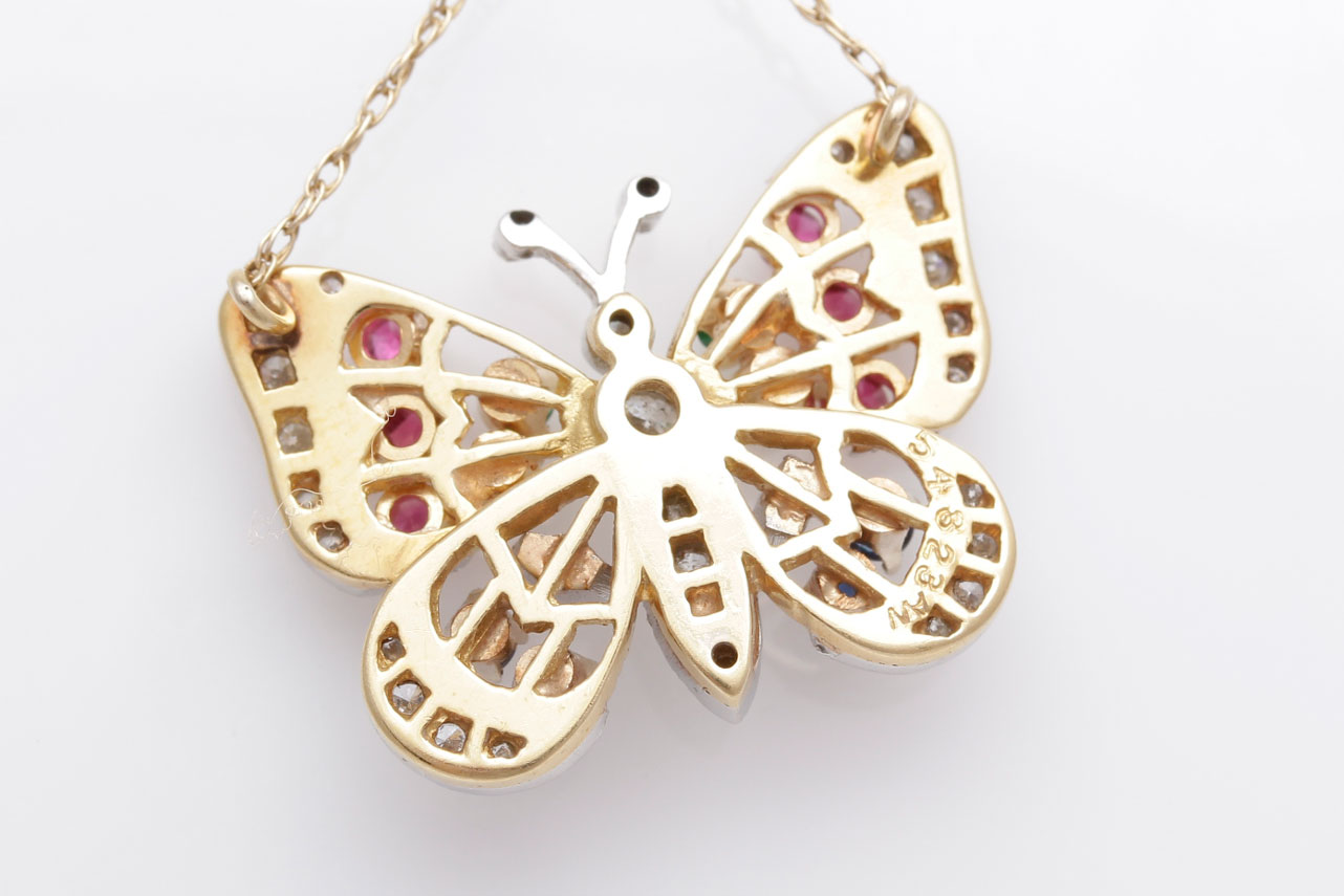 14K Yellow Gold Diamond and Gemstone Butterfly Necklace