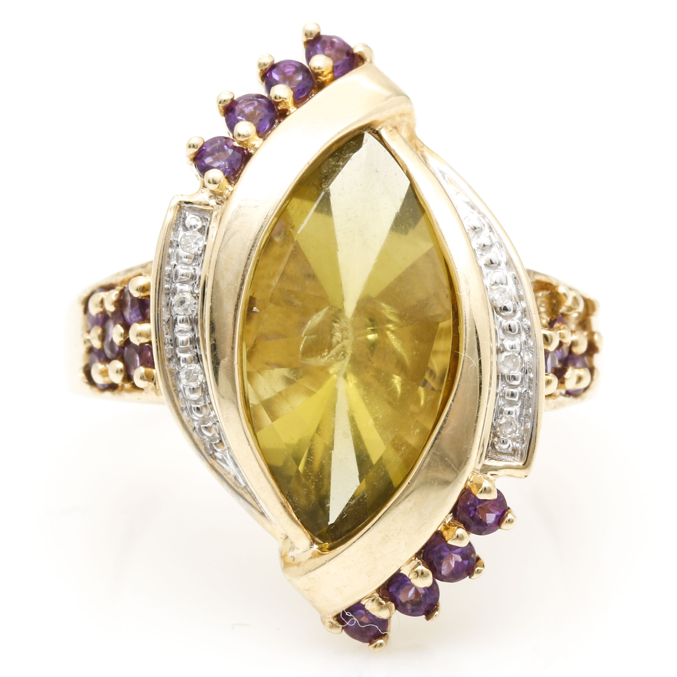 10K Yellow Gold Citrine, Amethyst, and Diamond Ring