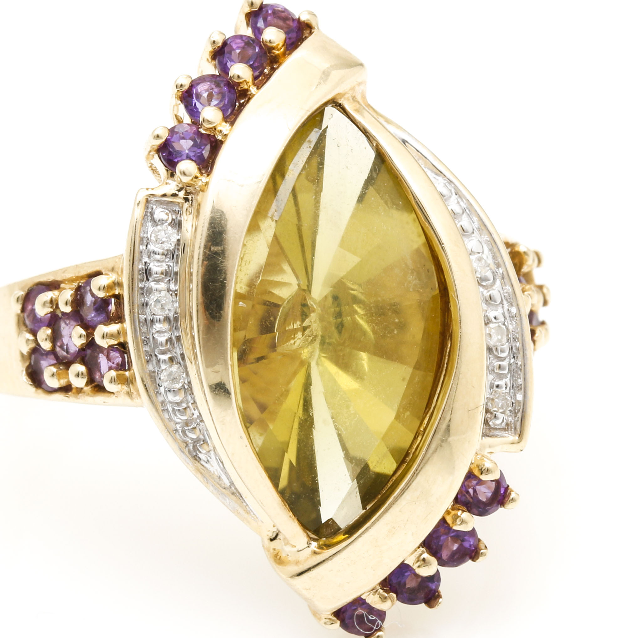 10K Yellow Gold Citrine, Amethyst, and Diamond Ring