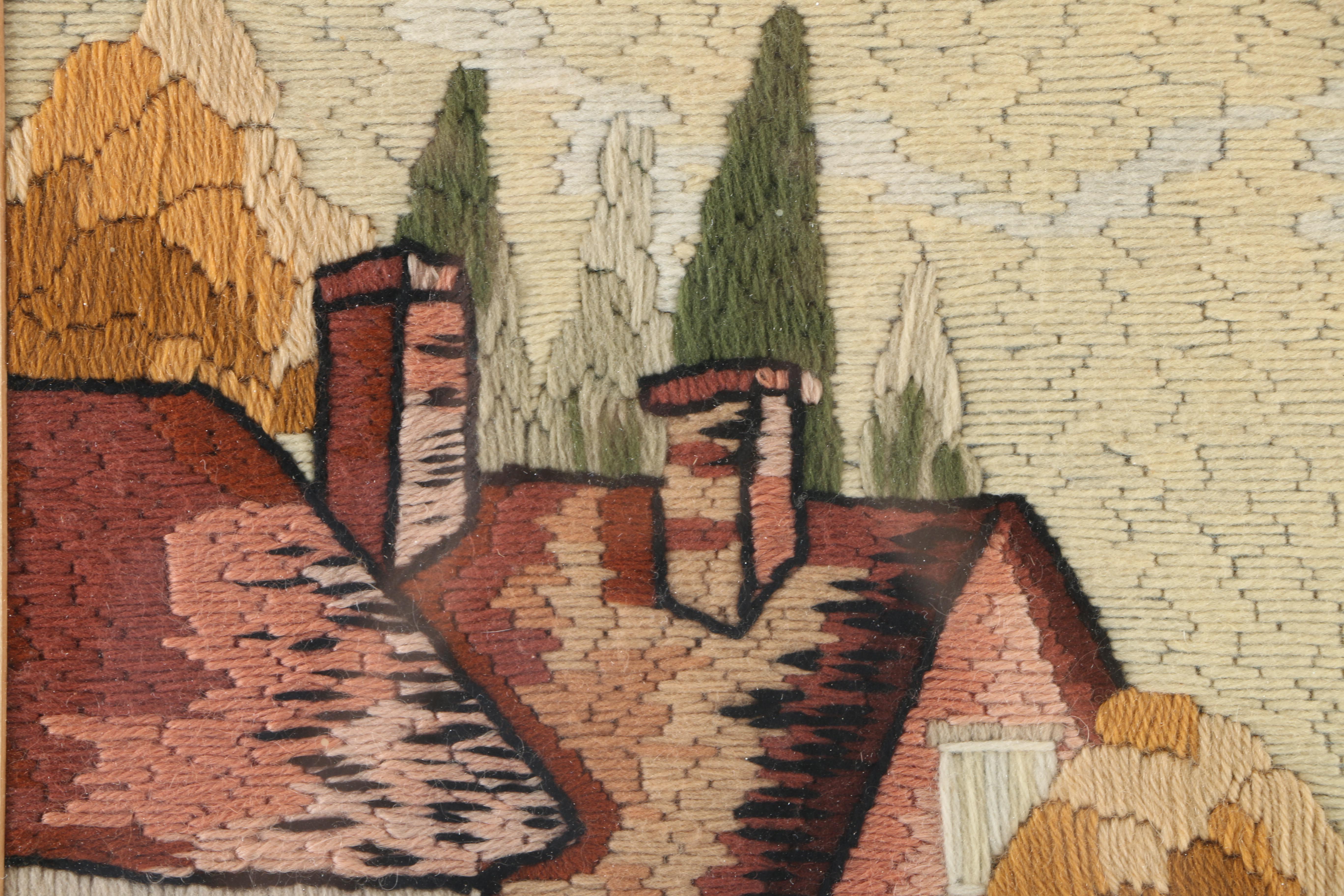 Vintage Framed Embroidery Art of Cottage and Garden