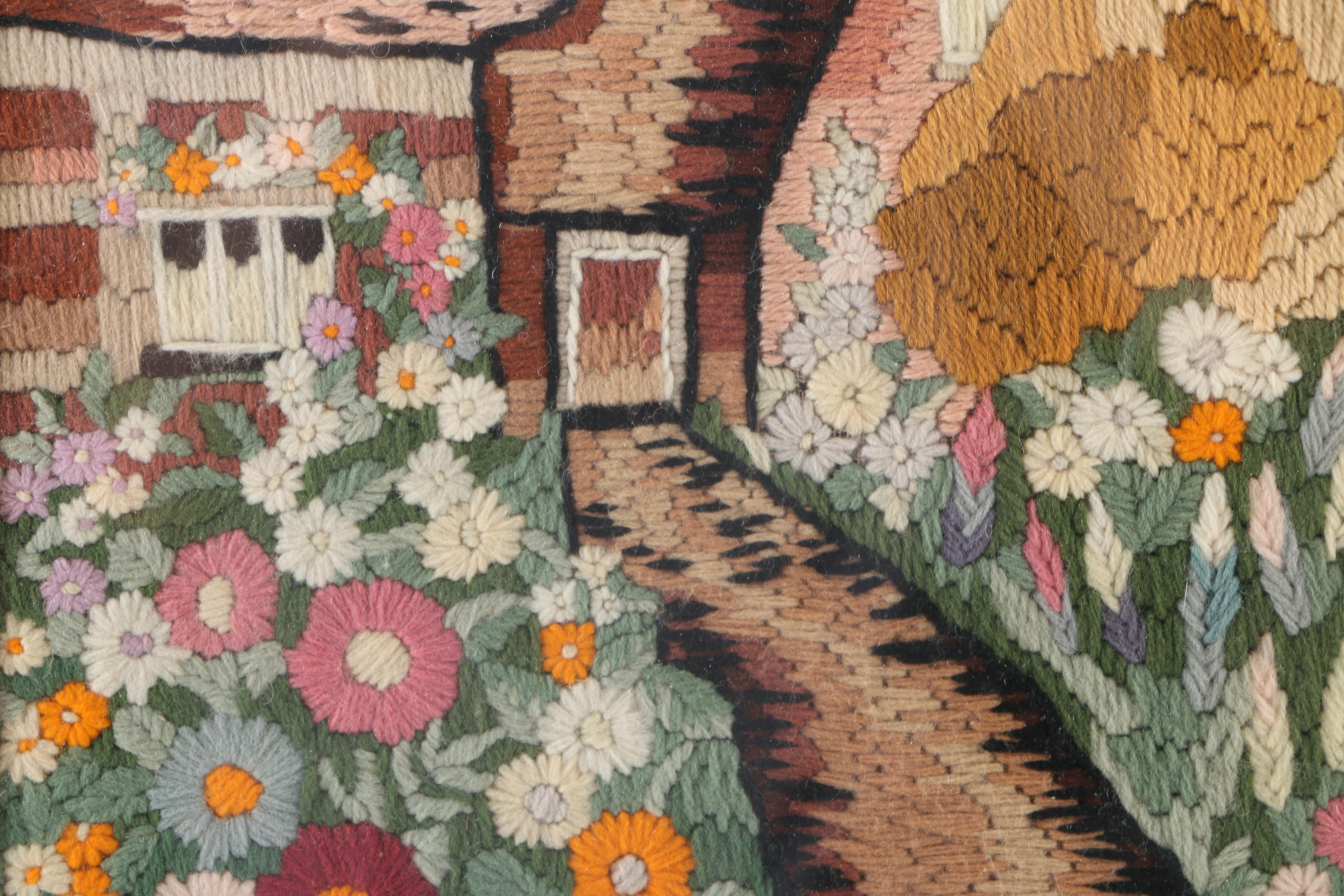 Vintage Framed Embroidery Art of Cottage and Garden