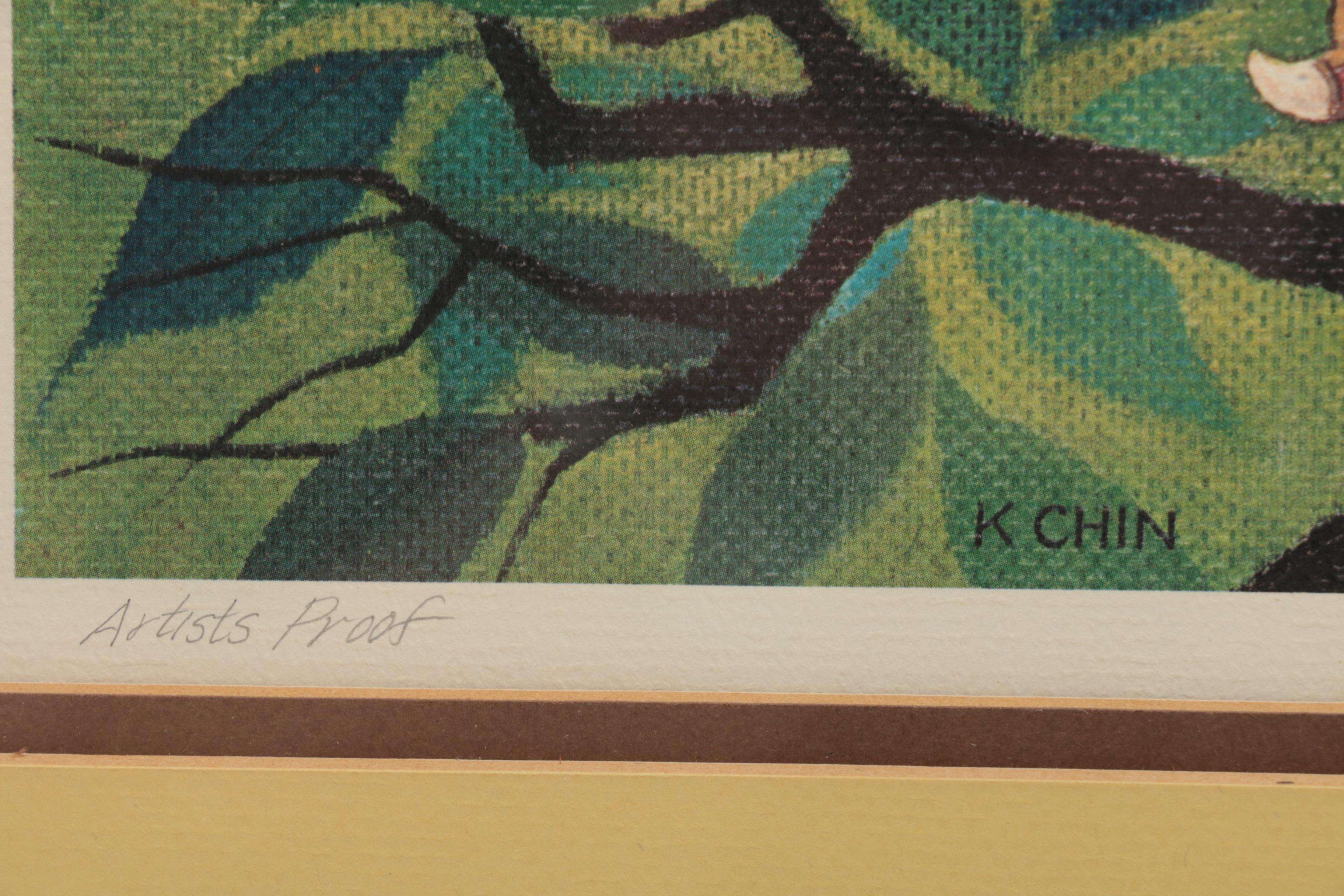 K. Chin Limited Edition Offset Lithograph "Owl and Butterfly"