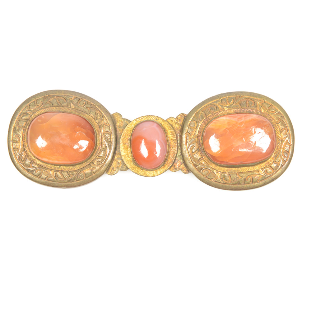 Antique Chinese Brass and Carnelian Buckle