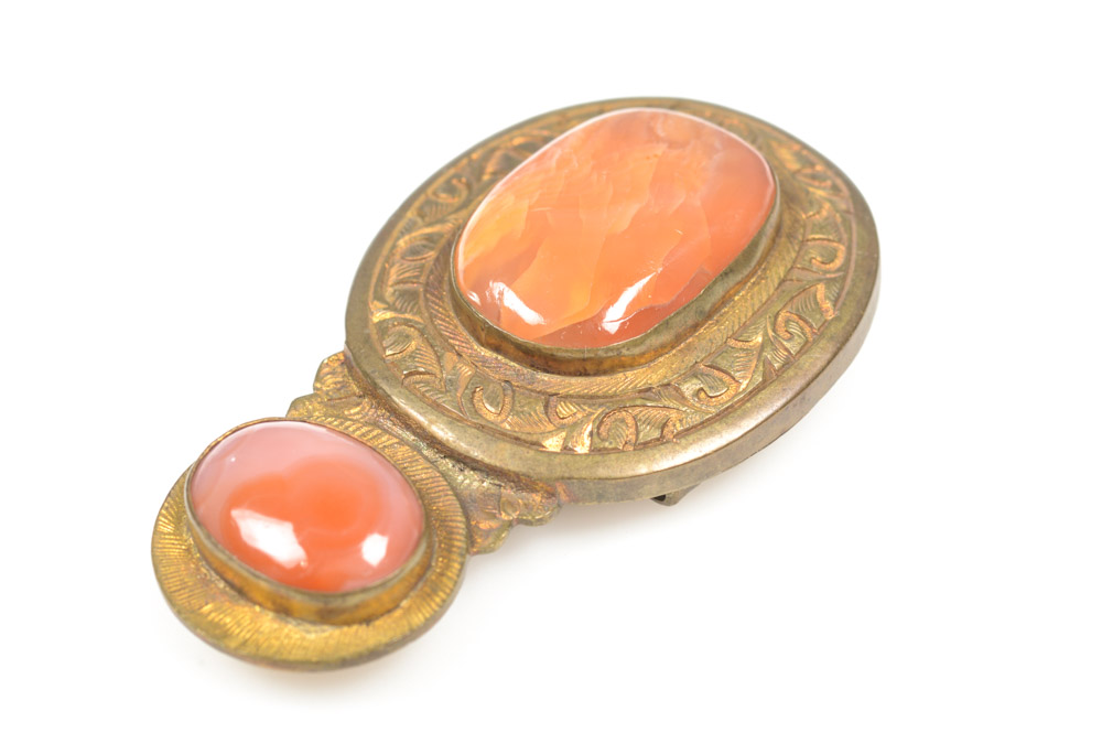 Antique Chinese Brass and Carnelian Buckle