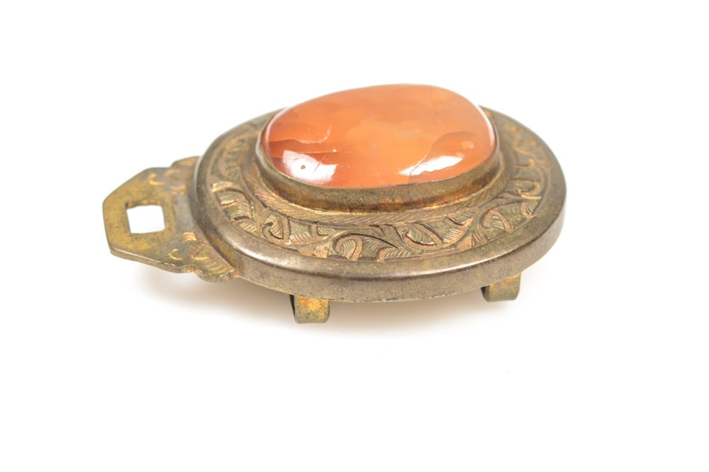 Antique Chinese Brass and Carnelian Buckle