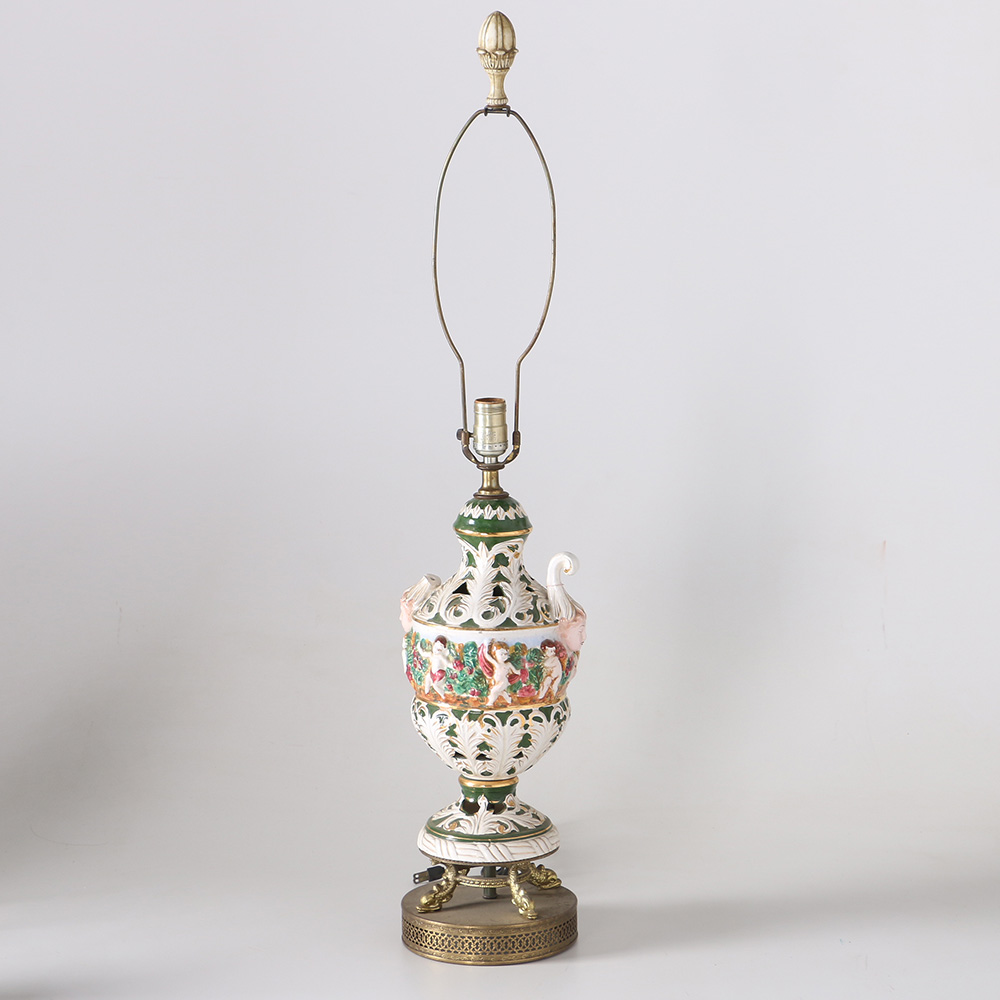 Green And White Porcelain Table Lamp With Cherub Features
