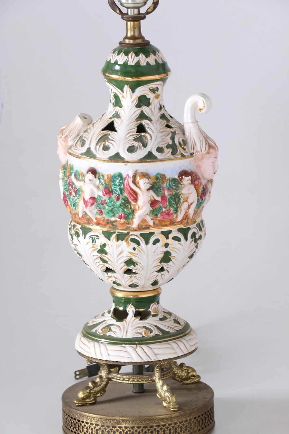 Green And White Porcelain Table Lamp With Cherub Features
