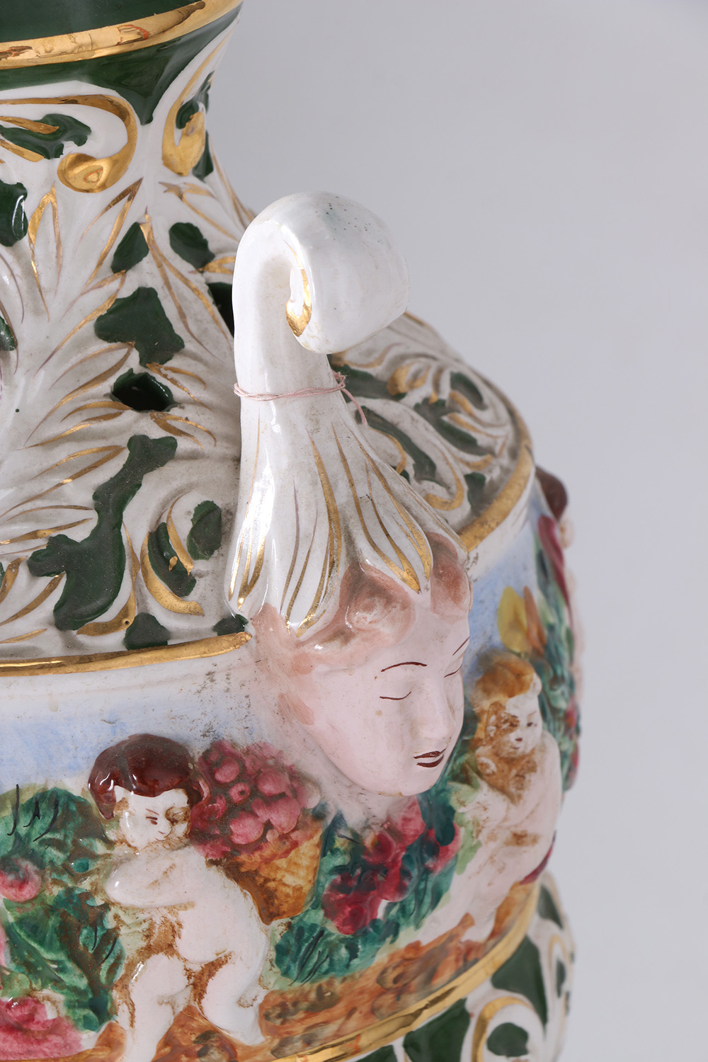 Green And White Porcelain Table Lamp With Cherub Features