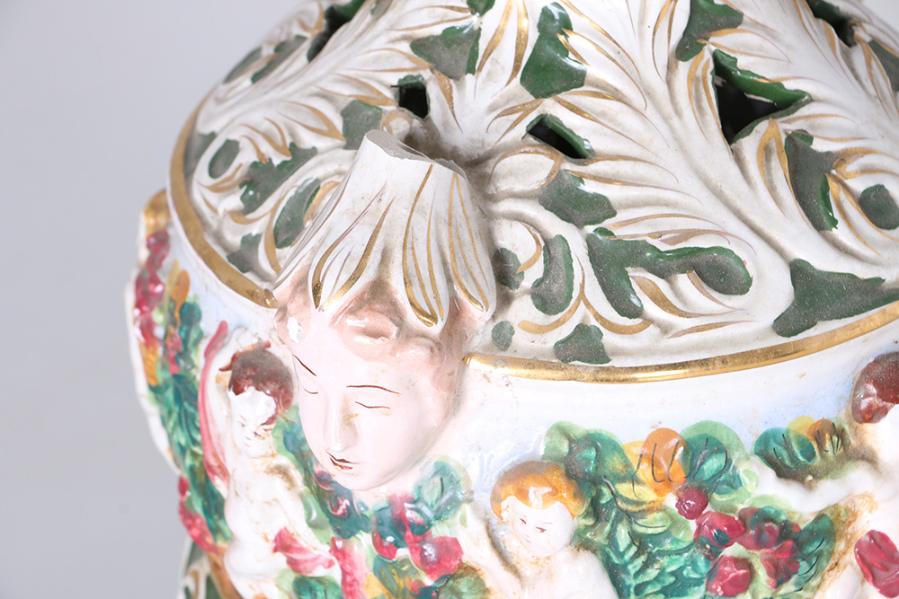 Green And White Porcelain Table Lamp With Cherub Features