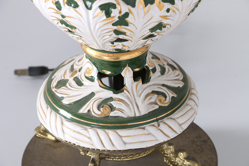 Green And White Porcelain Table Lamp With Cherub Features