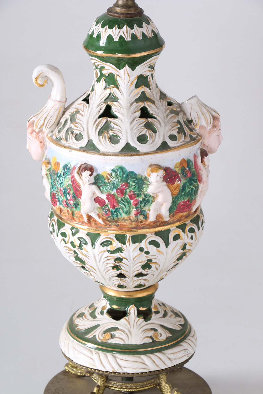 Green And White Porcelain Table Lamp With Cherub Features