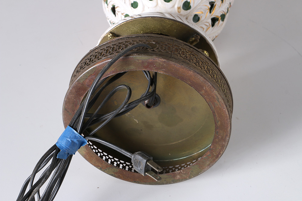 Green And White Porcelain Table Lamp With Cherub Features