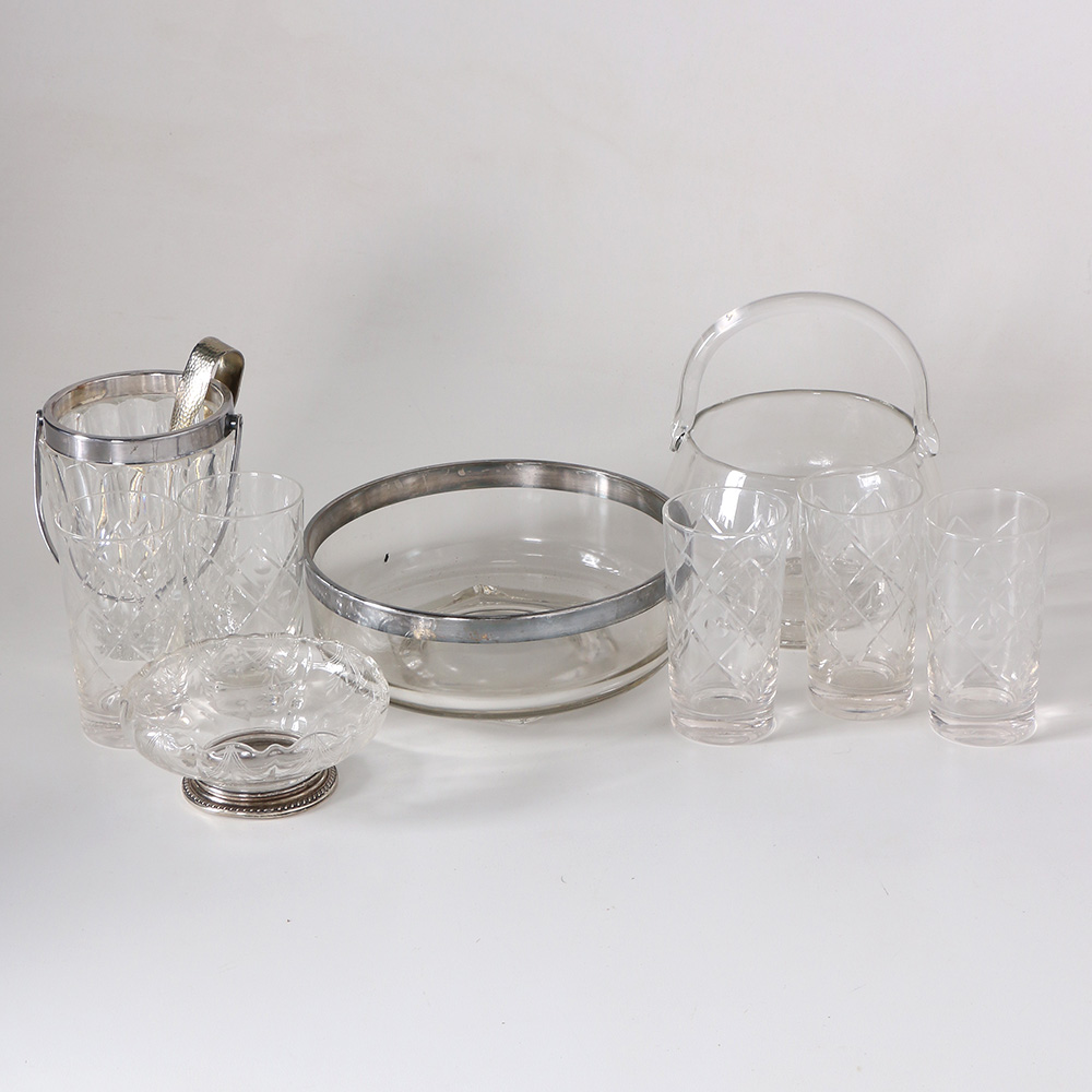 Glass Assortment Including Silver Tone Rimmed Dishes